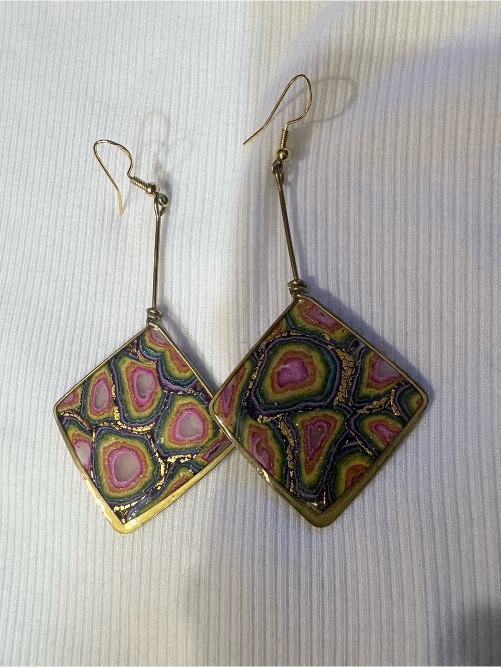 Multicolor Geode Pattern Drop Earrings - Gold Frame - Picture 3 of 3